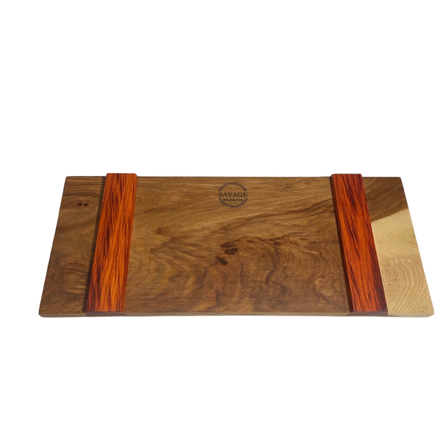 Highly Figured Hickory Charcuterie Board w/dovetail exotic Padauk legs